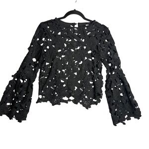 Rochet Black Open Knit Bell Sleeve Top Shirt Size S/M Gothic Dark Romantic‎